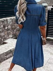 Women's Denim Shirt Dress V-Neck Short Sleeved Waist A-Line Jeans With Pockets Dress - Rửa tối - Xem 2