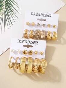 Set de 24 piezas/12 pares de pendientes metálicos elegantes con diseños de corazón y rayas para mujeres, con aros adornados con rhinestones y pendientes tipo botón simples, aptos para el uso diario y las vacaciones de verano casual - Dorado - Ver 4