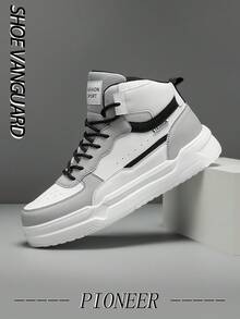 Fashionable Popular Men's Leather & Mesh Patchwork Couple Classic Vulcanized Shoes, Comfortable High-Top Sneakers Suitable For Outdoor, Unisex, For Active Jeans Outfit - white ash - View 6
