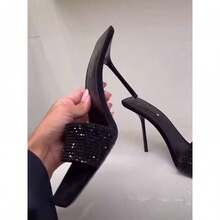 Women's Black Square - Toe Sandals With Rhinestones And One - Strap, High Heel, Summer Slides - Black - View 5