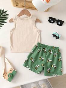 Conjunto de verano de 2 piezas para bebé niño - Camiseta sin mangas con estampado de coche de dibujos animados y pantalones cortos