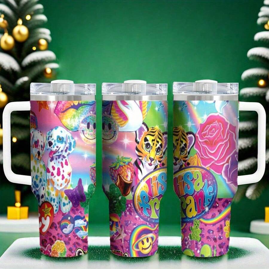 1pc 40oz Rainbow Tiger Pattern Stainless Steel Tumbler With Handle Double-Wall Insulation Suitable For Hot And Cold Drinks, Perfect Gift For Friends, Great For Travel Back To School - Multicolor - View 1