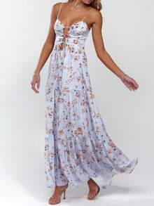 Women Summer Casual Long Dress Y2k Spaghetti Strap Bodycon Low Cut Dress V-Neck Sleeveless Solid Color Tie-Up High Backless Sexy Fashion Party Sling Maxi Dress - hoa màu xanh - Xem 5