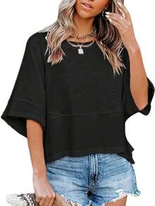 Women's Casual Asymmetrical Neck Drop Shoulder Half Sleeve T-Shirt With Exposed Seams, Regular Length Polyester Top For Everyday Wear - 黑色 - 查看 3
