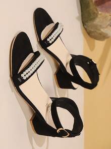 Apricot Peep Toe Strap Mid-Heel Sandals For Teenage Girls, Plus Size - Black - View 6