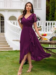 MIUSOL Đầm dạ hội thanh lịch cổ chữ V đính sequin và ren, phối màu tương phản với chất liệu chiffon, chân váy xếp ly, thích hợp cho khách dự đám cưới, tiệc tối trang trọng và các dịp khác trong mùa hè. - Màu Tím - Xem 7
