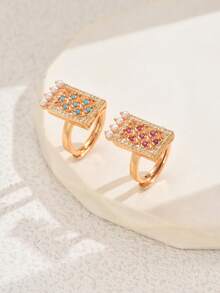 1pc Eid Festival Simple Unique Copper Inlaid Faux Pearl Hollow Rectangle Fashion Versatile Ring - Multicolor - View 3