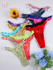 Bộ 15 quần lót ren gợi cảm có thể điều chỉnh eo G-String/Quần lọt khe cho nữ, Màu kẹo - Nhiều màu - Xem 3