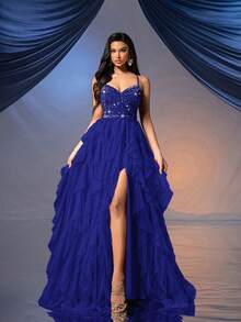 QOQ仙女风女士正式礼服浪漫晚礼服，适合婚礼、鸡尾酒会、慈善舞会等场合，露背亮片网纱礼服，春季款 - 寶藍色 - 查看 5