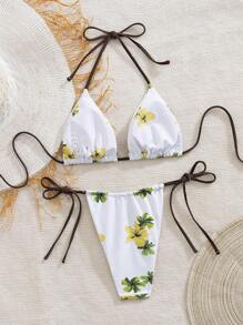 2 pezzi Bikini da donna con parte superiore a collo alto e stampa, e pantaloncini da bagno con lacci ai lati e vita bassa