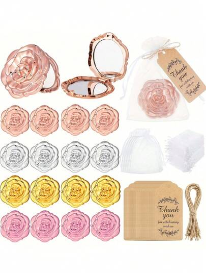 24 件/套，新娘送礼会礼物玫瑰设计镜子 - 感谢卡、袖珍镜和网袋 - 适合婚礼、单身派对、性别揭晓和生日庆祝礼物 - 新娘派对用品、伴娘礼物