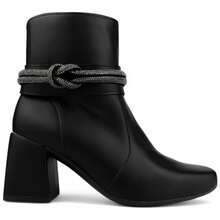Bota Feminina Confortável Elegante Bico Quadrado Com Cano Curto e Enfeite de Strass Salto Grosso Médio 5cm Preto,Caramelo,Offwhite bota feminina cano médio - Preto - Visão 4