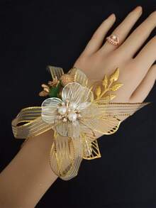 1 Shiny Rose Vintage Elegant Brooch + 1 Wrist Corsage Set, Unisex Design, Suitable For Groom, Bride, Wedding, Formal Party - Multicolor - View 6