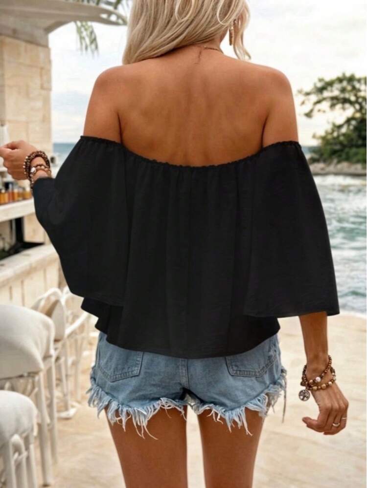 Blusa Ligera de Hombros Descubiertos y Mangas Holgadas para Mujer - Negro - Añade 3