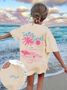 Teen Girl Sea View And SLogan Print Graphic Tees For Girl Short Sleeve T Shirts,Teen Girl's Summer Tops Crewneck Shirt Blouse,Suitable For School, Vacation And Shopping Outfits