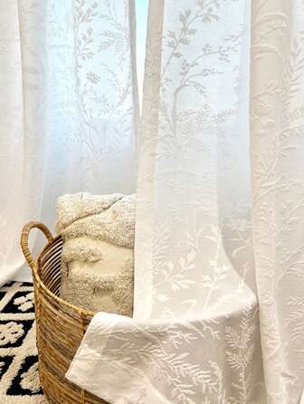 1pc French Jacquard Tree Branch Pattern White Sheer Curtain, Suitable For Bedroom, With Hooks
