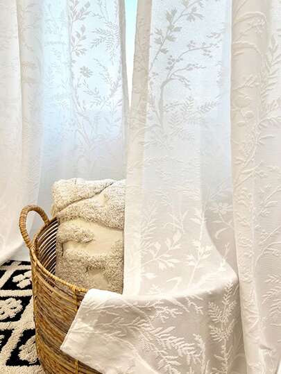Cirelle 1PC French Jacquard Tree Branch White Sheer Curtain For Bedroom, Tulle Curtain For Window With Hook