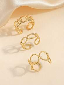 3 件套不锈钢时尚休闲金色开口戒指套装，适合女性日常佩戴或送礼