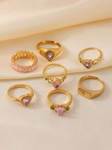 4/6/7 Pieces Fashionable French Delicate Stainless Steel Ring Set For Women With Pink Gemstone Jewellery Suitable For Women's Daily Matching Use Holiday Dating Gift Wedding Engagement Ring Jewellery