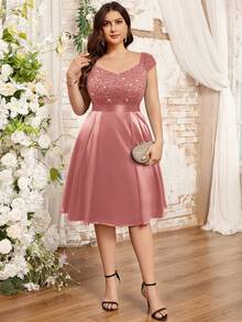 加大 V 领亮片蕾丝撞色缎面正式派对秋千裙，优雅舞会婚礼宾客礼服，适合生日、毕业典礼、返校节 - 藕粉色 - 查看 4