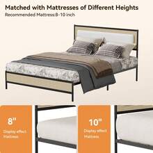Full Size Rattan Bed Frame Metal Platform Bed With Headboard No Box Spring Needed Beige