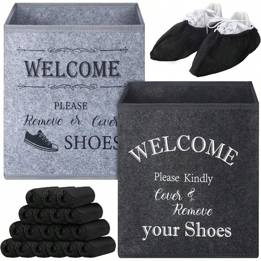 2 Pcs Shoe Covers Box With 200 Pcs Disposable Non Slip Shoe Covers Booties Foot Dispenser Holder Foldable Storage Box For Indoors Open House Supplies, 10 X 10 X 11 Inch(Black) - Black - View 1