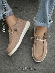 (Kích thước nhỏ hơn) Giày lười buộc dây phía trước cho nam, Giày thuyền đế bằng vải đa năng thoải mái khi đi ngoài trời, phù hợp với mọi mùa - Màu Khaki - Xem 3