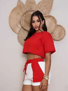 Women's Sweatshirt Set Short Shorts High Waist And Cropped Top Sweatshirt 2024 - Red - View 2