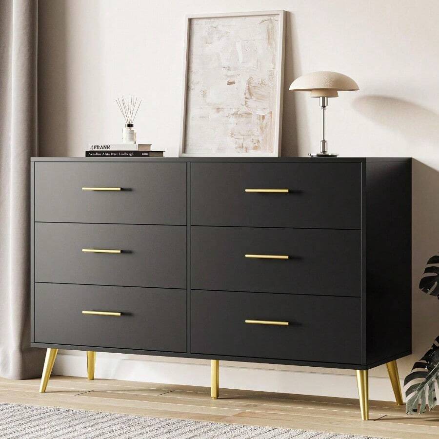 Modern 6-Deep Drawer Dresser For Bedroom, Wide Chest Of Drawers With Gold Handles - Ideal For Master & Guest Bedrooms, Offering Ample Storage Space