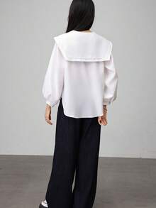 清新蝴蝶结海军蓝翻领衬衫 - 白色 - 查看 5