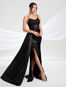 YISIKADO 女士优雅细肩带开叉大腿正式舞会礼服派对礼服婚礼宾客礼服舞会礼服婚礼宾客晚宴，适合晚会 - 黑色 - 查看 4