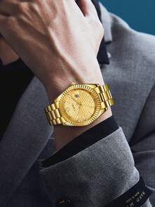 TOMI石英男士手表套装，配星月胸针戒指，时尚商务石英表礼盒，适合日常生活、商务活动、父亲节、情人节、圣诞节等场合。