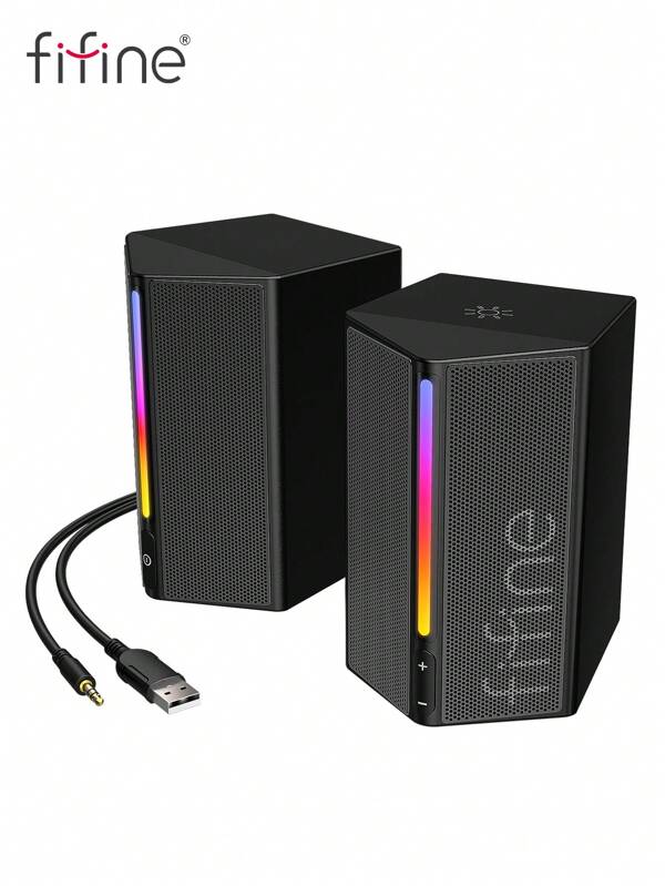 FIFINE Caixas de Som para Computador, Caixas de Som para PC de Mesa com RGB, Controle de Volume, Caixas de Som para Jogos Alimentadas por USB com Fio, Aumento de Graves, Controle de Volume, Liga/Desliga, RGB Controlável, Cabo de Áudio Auxiliar de 3,5 mm para Laptop, Monitor, Telefone, Tablet - FIFINE A20