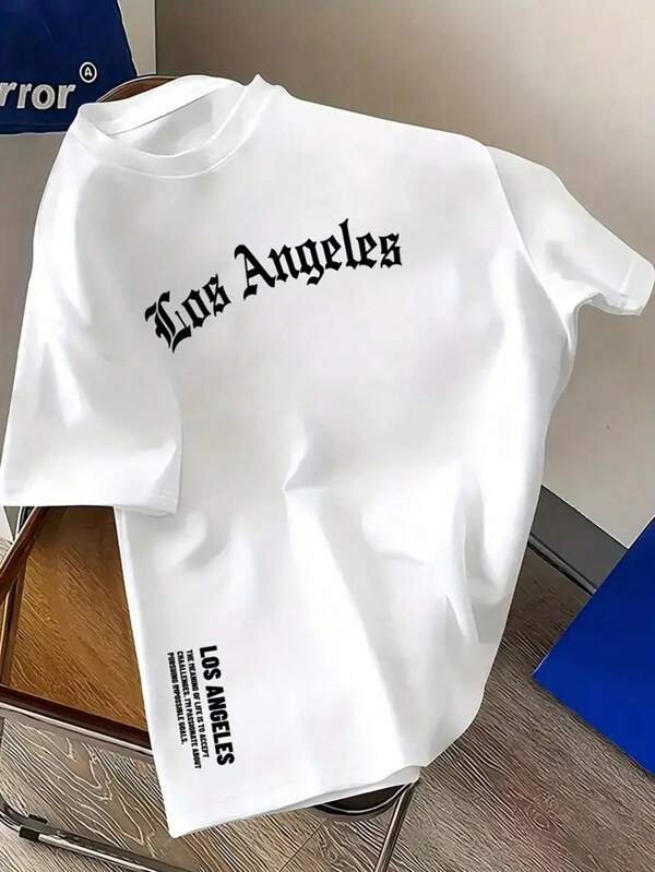 A Men's Casual Polyester T-Shirt With A Geometric Los Angeles Pattern, Round Neck Design, Stretchy Fabric, And A Regular Fit Suitable For Summer.