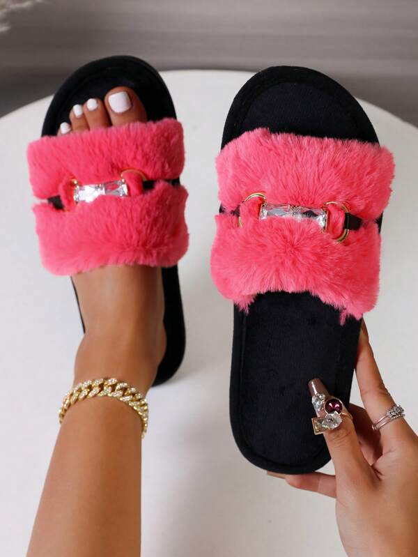 Women's Luxury Metal Lock Gem Decor Non-Slip Rubber Bottom Slippers, Casual Fashion Summer Red Fluffy Fur Slide Slippers