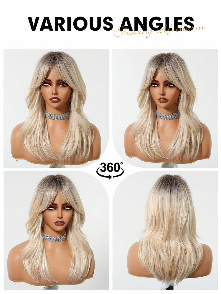 Peluca de 20 pulgadas con degradado rubio y flequillo para mujeres, cabello ondulado natural en capas, con raíces marrones, resistente al calor, de fibra sintética de alta densidad para uso diario, fiestas, vacaciones y citas - Rubio degradado - Añade 8