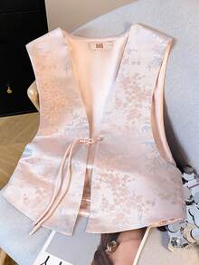 高端优雅竹叶梅花提花缎中式连衣裙，适合春夏季 - 粉色 - 查看 2