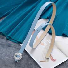 Elegant Luxury Fashionable Sky Blue PU Leather Slim Waist Belt With Shiny Rhinestone Circular Buckle, Suitable For Elegant, Cute, Casual, Sexy, Business, Party, Spring/Summer Outfits Summer, School Fall, Autumn, Halloween