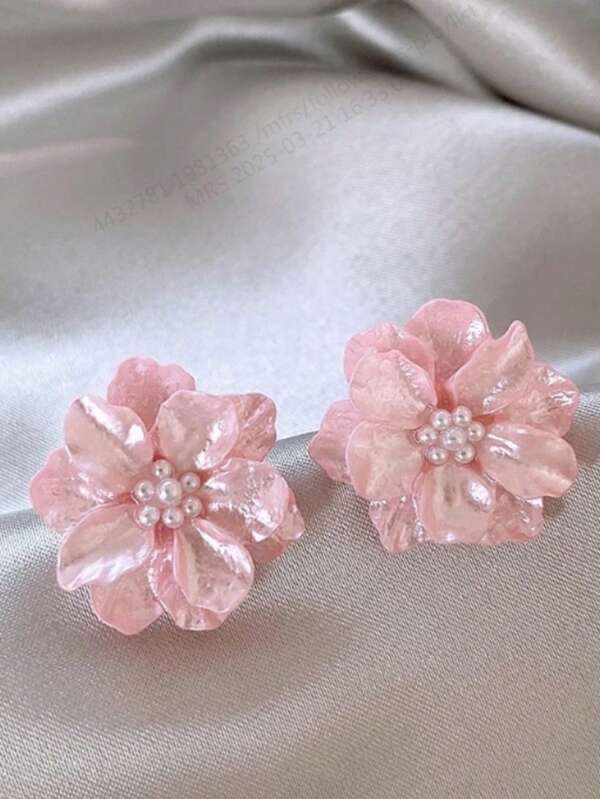 1 par de brincos femininos elegantes com flores e pérolas