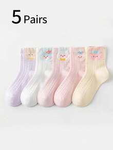 5 Pairs Girls' Cartoon Rabbit Colorful Mid-Calf Socks, Thin & Breathable Student Socks, Suitable For Casual Shoes & Sneakers - Multicolor - View 1