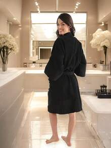 UNISEX BATHROBE, WIDE AND LONG, EXCELLENT ABSORPTION, MICRO-TOWEL FABRIC (COTTON WITH MICROFIBER) - Black - View 7