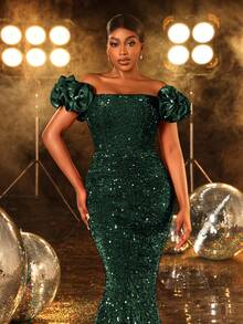 Faeriesty 优雅亮片露肩美人鱼礼服 - 闪亮奢华礼服，适合黑色领带活动、霓虹灯夜总会或名人风格的红毯亮相、正式、派对礼服、晚会、婚礼宾客 - 墨綠色 - 查看 7