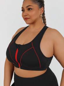 Plus Size Front Zip High Impact Color Block Sports Bra