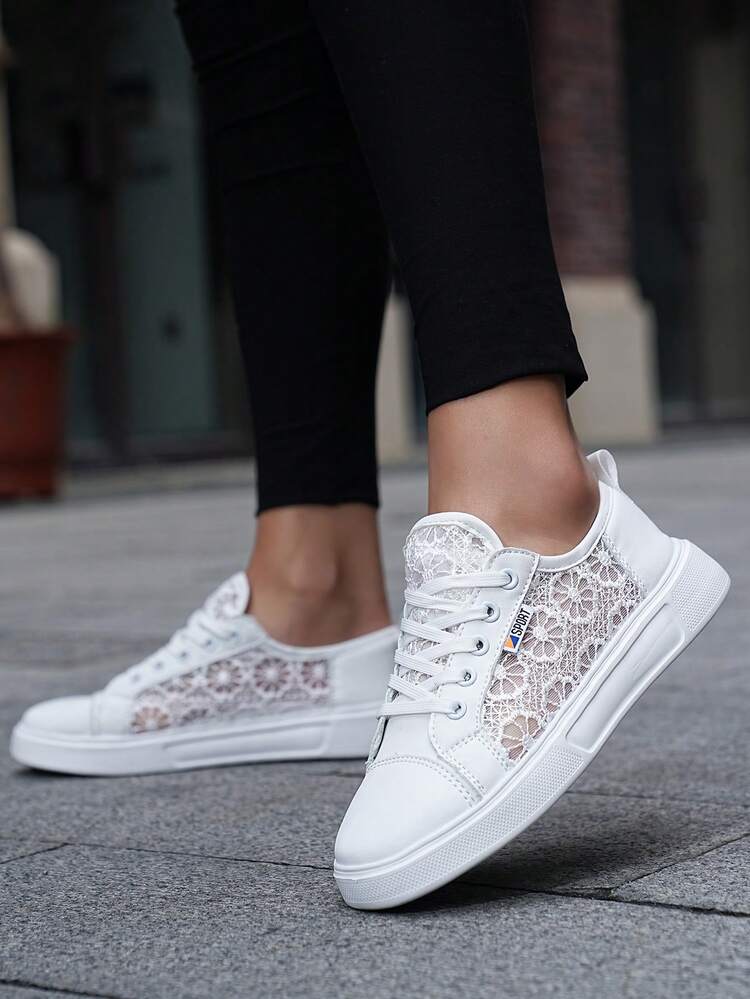 Women's Outdoor Fashion Casual Shoes, Hollow Breathable Lightweight Comfortable MD Soft Bottom Sports Flat Shoes, Campus Style White Sneakers - White - View 3
