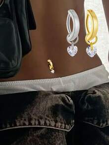 1pc 925 Sterling Silver Heart Shaped Navel Ring, Inlaid With Gemstones, Belly Button Ring - Gift For Her - Navel Nails - View 1