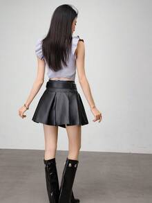 春夏Y2K音乐节女士金属PU百褶裙套裙黑色皮裙百搭时尚腰带长腿