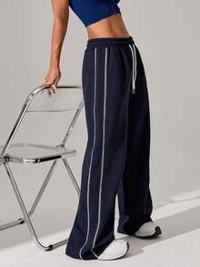 1pc Women's Waffle Knit Loose Straight Leg Drawstring Waist Contrast Color Simple Fitness Sports Pants, Spring/Summer - Navy Blue - View 7