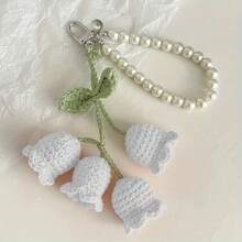 Creative Cute Girl Pearl Chain Yarn Crochet Orchid Flower Keychain Bag Decoration Buckle - Hoa linh lan - Trắng - Xem 2