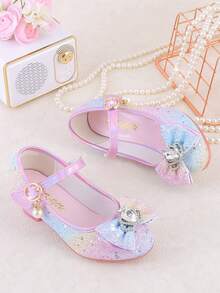 闪亮彩虹公主女孩高跟鞋，闪亮粉色和紫色正装鞋，带有珍珠和水钻装饰，防滑橡胶鞋底，钩环扣，适合表演、派对和特殊场合 - 粉色 - 查看 7