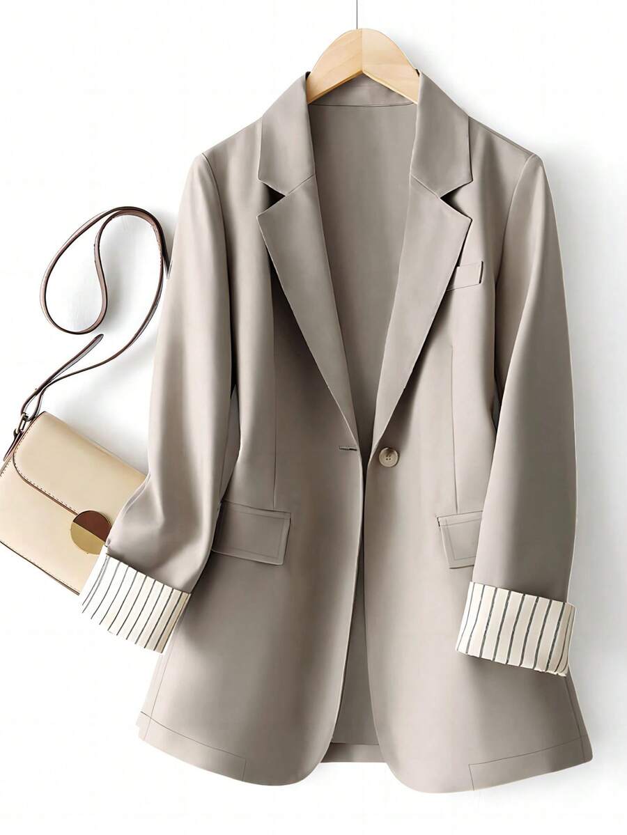 Women's Cuff Striped Patchwork One Button Regular Blazer - Maroon - View 1